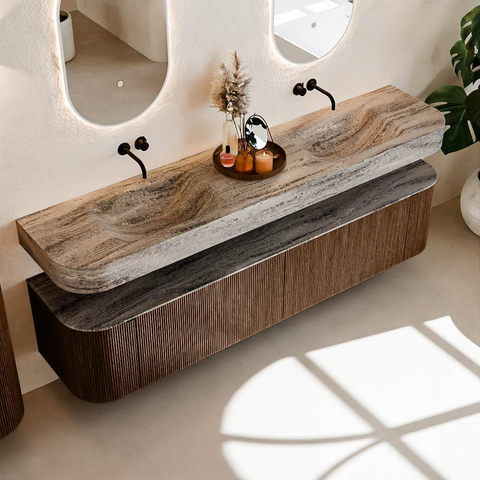 MONDIAZ THOR-DLUX 200cm meuble de salle de bains arrondi gauche + droite couleur Walnut avec 2 tiroirs et 2 portes. Vasque suspendue CLOUD Double sans trou de robinet couleur Oza. SW1467194