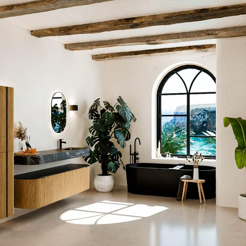 MONDIAZ THOR-DLUX 170cm meuble de salle de bains arrondi gauche + droite couleur Oak avec 1 tiroir et 2 portes. Vasque suspendue CLOUD Droite 1 trou de robinet couleur Lava. SW1465449
