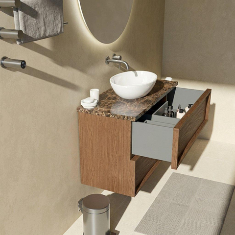 Saniclass Holz Frame Ensemble de meubles de salle de bains - 100x45x63cm - Plan de toilette en pierre naturelle Noche dark emperador - sans trou de robinetterie - 2 tiroirs - walnut pure mat (bois) SW1579873