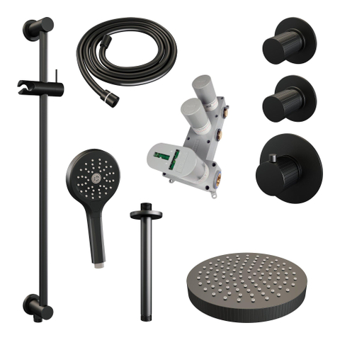 BRAUER Stripe Douche de tête thermostatique encastrée - SET 12 - pomme de douche 25cm - bras plafond - douchette 3 positions - flexible de douche - barre coulissante intégrée - noir mat SW1435143