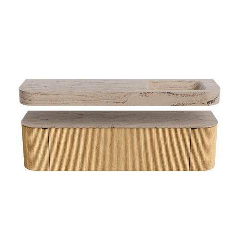 MONDIAZ THOR-DLUX 170cm badmeubel ronding links + rechts kleur Oak met 1 lade en 2 deuren. Vrijhangende wastafel CLOUD Rechts zonder kraangat kleur Arena. SW1465802