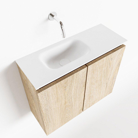 Mondiaz TURE Meuble lave-mains 60x23x50cm sans trous de robinet 2 portes Washed oak mat Lavabo Eden Gauche Solid Surface Blanc SW475154