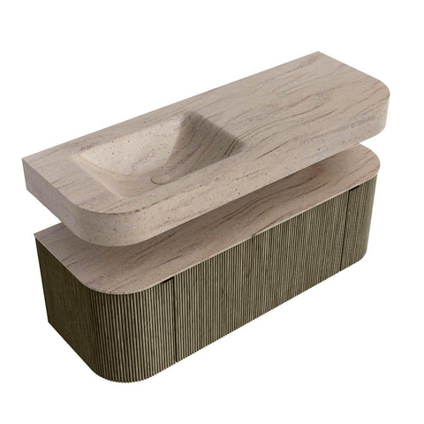 MONDIAZ THOR-DLUX 130cm meuble de salle de bains arrondi gauche + droite couleur Shadow avec 1 tiroir et 2 portes. Vasque suspendue CLOUD gauche sans trou de robinet couleur Saba. SW1464057