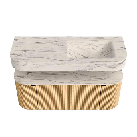 MONDIAZ THOR-DLUX 120cm badmeubel ronding links + rechts kleur Oak met 1 lade en 2 deuren. Vrijhangende wastafel CLOUD Rechts 1 kraangat kleur Nata. SW1463345