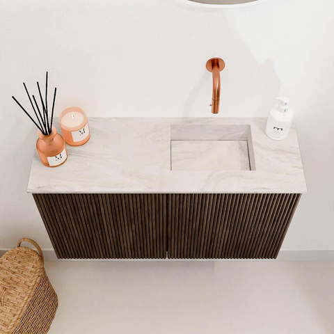 Mondiaz JOYA-DLUX Meuble sous lavabo 70cm - couleur Walnut - Lavabo FAYE position Droite Sans trou de robinet couleur Ostra. SW1422579