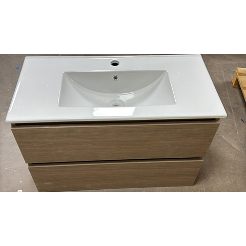 INK Wastafeonderkast - 80x40x52cm - 2 laden - greeploos - met houten keerlijst - Olijf eiken - met keramische wastafel - OUTLETSTORE STORE39021