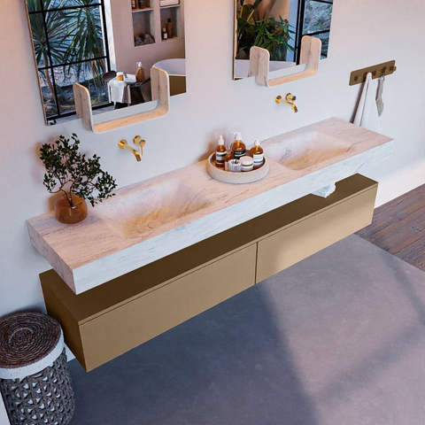 Mondiaz ALAN-DLUX Ensemble de meuble - 200cm - meuble Oro mat - 2 tiroirs - Lavabo Cloud Opalo suspendu - vasque Gauche et droite - 0 trous de robinet SW807031
