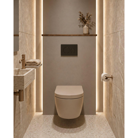 QeramiQ Dely Toiletset - 36.3x51.7cm - diepspoel - rimless - Geberit UP720 inbouwreservoir - softclose toilet zitting 35 mm - metaal mat zwarte bedieningsplaat - ronde knoppen - mat beige SW1427078
