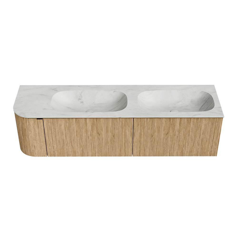 MONDIAZ KURVE-DLUX 165cm meuble de salle de bains avec module 25 L couleur Oak avec 2 tiroirs et 1 porte. Lavabo STOR SMALL double / droite sans trou de robinet couleur Opalo. SW1137606