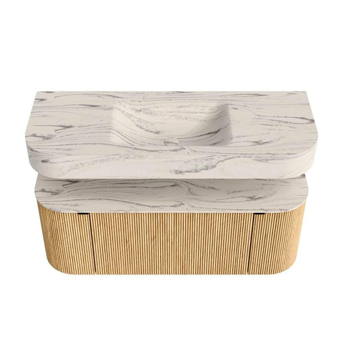 MONDIAZ THOR-DLUX 120cm badmeubel ronding links + rechts kleur Oak met 1 lade en 2 deuren. Vrijhangende wastafel CLOUD Midden 1 kraangat kleur Nata. SW1463337