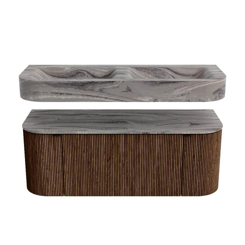 MONDIAZ THOR-DLUX 120cm meuble de salle de bains arrondi gauche + droite couleur Walnut avec 1 tiroir et 2 portes. Vasque suspendue CLOUD Double 2 trous de robinet couleur Sombra. SW1463651