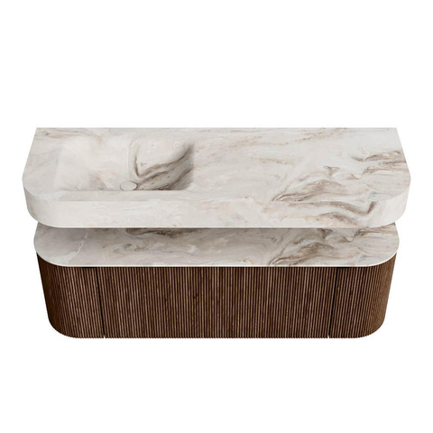 MONDIAZ THOR-DLUX Meuble de salle de bains 140cm arrondi gauche + droite couleur Walnut avec 1 tiroir et 2 portes. Vasque suspendue CLOUD Gauche sans trou de robinet couleur Frappe. SW1463957