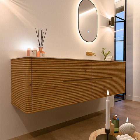Mondiaz CIRO-DLUX Meuble de salle de bains - 170x45x50cm - Plan-vasque Solid surface Meli - 1 lavabo à droite - sans trous de robinet - 4 tiroirs - Chêne SW1531437