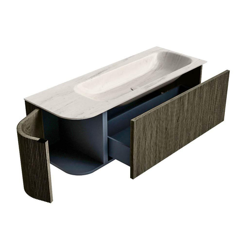 MONDIAZ KURVE-DLUX 125cm badmeubel ronding Links kleur Shadow met 1 lade en 1 deur. Wastafel BIG MEDIUM Rechts zonder kraangat Meli. SW1431788