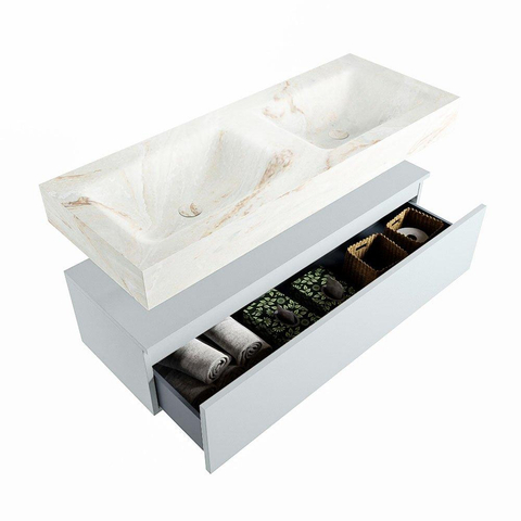Mondiaz ALAN-DLUX Ensemble de meuble - 120cm - meuble Clay mat - 1 tiroir - Lavabo Cloud Frappe suspendu - vasque Gauche et droite - 0 trous de robinet SW805191