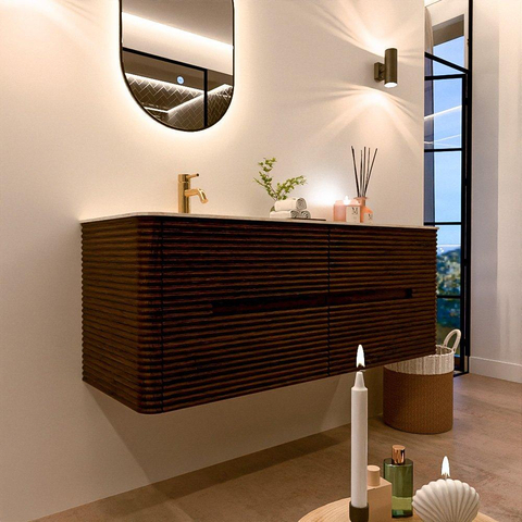 Mondiaz CIRO-DLUX Badkamermeubelset - 130x45x50cm - Solid surface wastafel Ostra - 1 wasbak Links - 1 kraangat - 4 lades - Walnut SW1530350