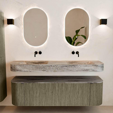 MONDIAZ THOR-DLUX 160cm meuble de salle de bains arrondi gauche + droite couleur Shadow avec 1 tiroir et 2 portes. Vasque suspendue CLOUD Double sans trou de robinet couleur Oza. SW1465319