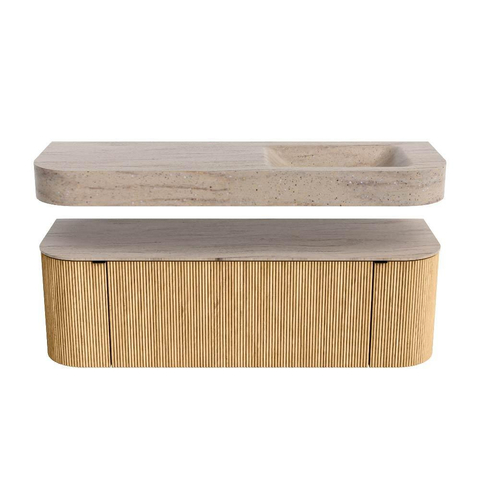 MONDIAZ THOR-DLUX 140cm badmeubel ronding links + rechts kleur Oak met 1 lade en 2 deuren. Vrijhangende wastafel CLOUD Rechts 1 kraangat kleur Saba. SW1464301