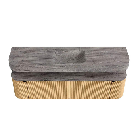 MONDIAZ THOR-DLUX 180cm badmeubel ronding links + rechts kleur Oak met 2 lades en 2 deuren. Vrijhangende wastafel CLOUD Midden zonder kraangat kleur Oza. SW1466283
