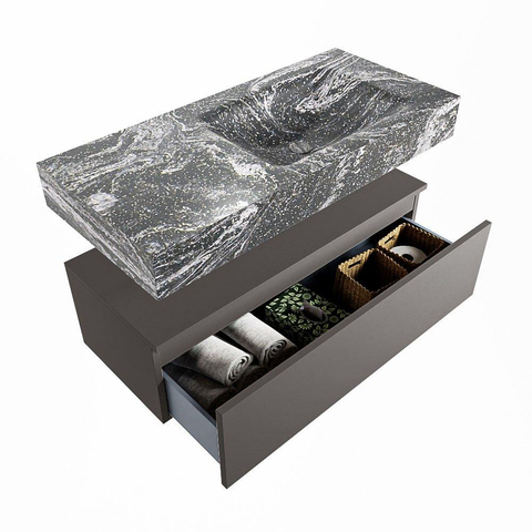 Mondiaz ALAN-DLUX Ensemble de meuble - 100cm - meuble Dark grey mat - 1 tiroir - Lavabo Cloud Lava suspendu - vasque Droite - 1 trou de robinet SW808152