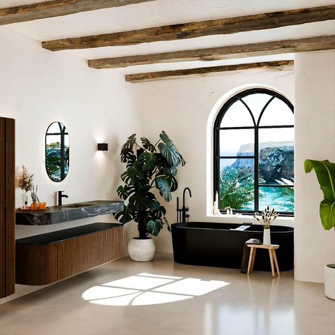 MONDIAZ THOR-DLUX 180cm meuble de salle de bains arrondi gauche + droite couleur Walnut avec 2 tiroirs et 2 portes. Vasque suspendue CLOUD Milieu 1 trou de robinet couleur Lava. SW1465960