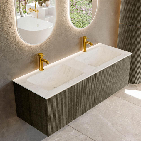 Mondiaz KURVE-DLUX Ensemble meuble de salle de bains - 130x46x40cm - 2 tiroirs - vasque solid surface - double - 2 trous de robinet - Shadow SW1414093
