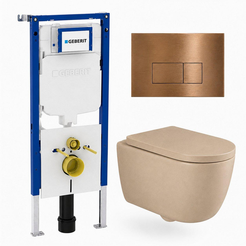QeramiQ Dely Swirl Toiletset - 36.3x51.7cm - Geberit UP720 Duofix Sigma inbouwreservoir - 35mm zitting - koperen bedieningsplaat - rechthoekige knoppen - mat beige SW1414023
