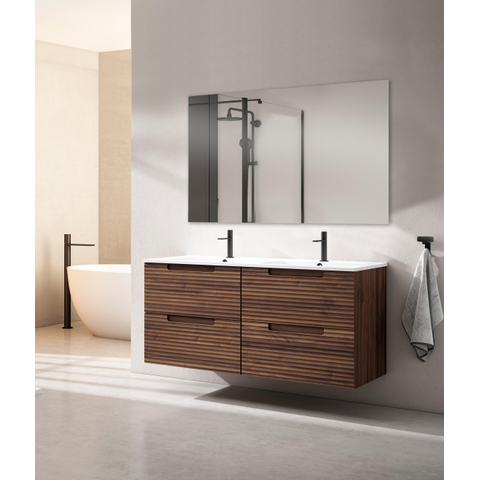 Saniclass Prime Balance Meuble de salle de bain - 120x55x45cm - 2 vasques ovales en céramique blanc - 2 trous de robinet - 4 tiroirs - miroir rectangulaire - noyer SW1159473