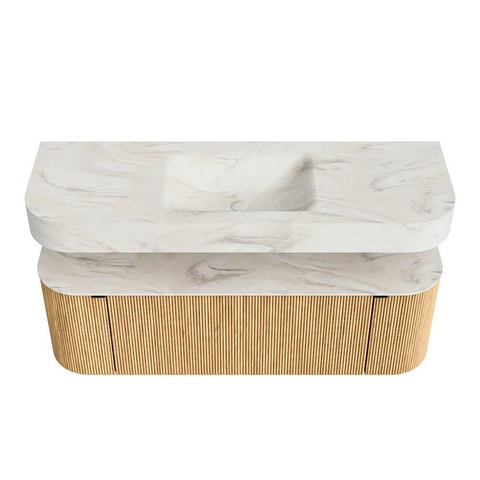 MONDIAZ THOR-DLUX 140cm badmeubel ronding links + rechts kleur Oak met 1 lade en 2 deuren. Vrijhangende wastafel CLOUD Midden 1 kraangat kleur Ostra. SW1463972