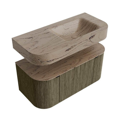 MONDIAZ THOR-DLUX 100cm meuble de salle de bains arrondi gauche + droite couleur Shadow avec 1 tiroir et 2 portes. Vasque suspendue CLOUD droite sans trou de robinet couleur Arena. SW1467464