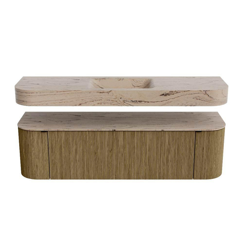 MONDIAZ THOR-DLUX 160cm meuble de salle de bains arrondi gauche + droite couleur Dusk avec 1 tiroir et 2 portes. Vasque suspendue CLOUD Milieu sans trou de robinet couleur Arena. SW1465131