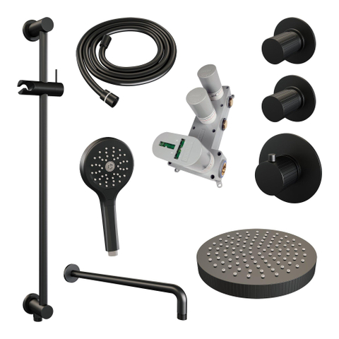BRAUER Stripe Thermostatische Inbouw Regendouche - SET 11 - 25cm douchekop - gebogen muurarm - 3-standen handdouche - doucheslang - geïntegreerde glijstang - mat zwart SW1435139