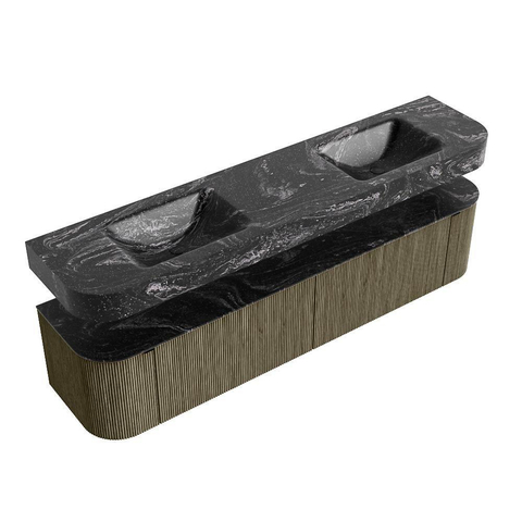 MONDIAZ THOR-DLUX 200cm meuble de salle de bains arrondi gauche + droite couleur Shadow avec 2 tiroirs et 2 portes. Vasque suspendue CLOUD Double 2 trous de robinet couleur Lava. SW1467033