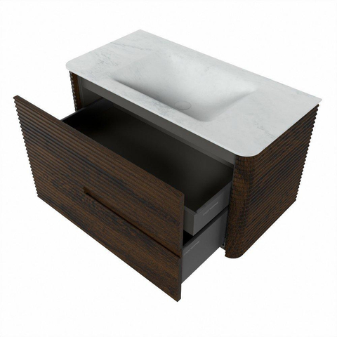 Mondiaz CIRO-DLUX Badkamermeubelset - 90x45x50cm - Solid surface wastafel Opalo - 1 wasbak Midden - zonder kraangaten - 2 lades - Walnut SW1530183