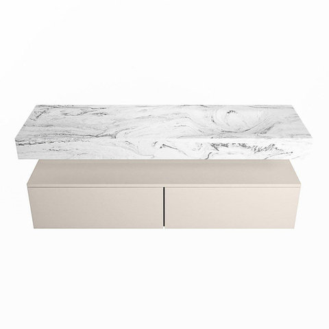 Mondiaz ALAN-DLUX Ensemble de meuble - 150cm - meuble Linen mat - 2 tiroirs - Lavabo Cloud Glace suspendu - vasque Droite - 0 trous de robinet SW806013