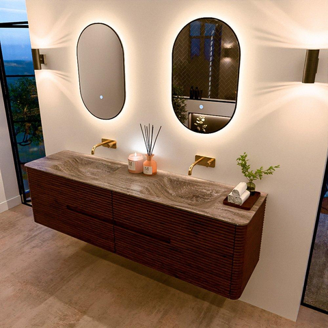 Mondiaz CIRO-DLUX Badkamermeubelset - 180x45x50cm - Solid surface wastafel Oza - 2 wasbak Dubbel - zonder kraangaten - 4 lades - Ruby SW1532134