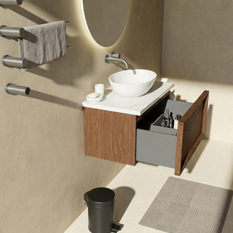 Saniclass Holz Frame Badkamermeubelset - 80x45x43cm - Dia marmeren wastafelblad gepolijst (wit) - zonder kraangat - 1 lade - mat walnut pure (hout) SW1478335