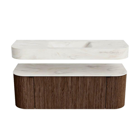 MONDIAZ THOR-DLUX 130cm meuble de salle de bains arrondi gauche + droite couleur Walnut avec 1 tiroir et 2 portes. Vasque suspendue CLOUD Milieu sans trou de robinet couleur Ostra. SW1463599