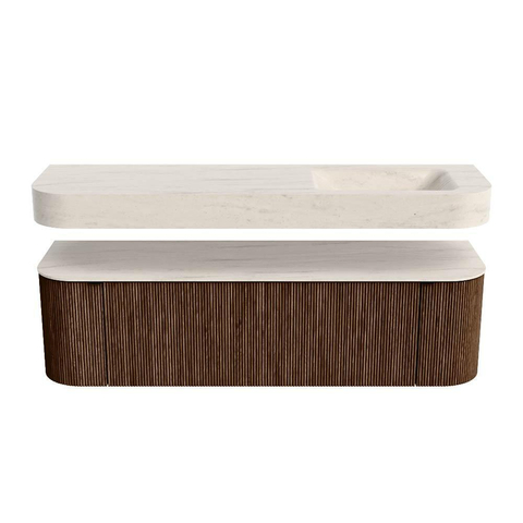 MONDIAZ THOR-DLUX 160cm badmeubel ronding links + rechts kleur Walnut met 1 lade en 2 deuren. Vrijhangende wastafel CLOUD Rechts 1 kraangat kleur Meli. SW1465081