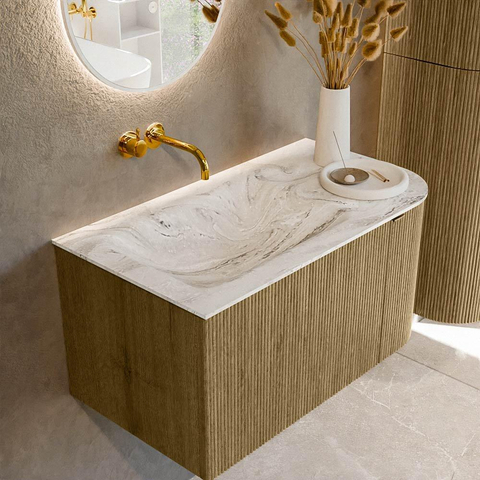 Mondiaz KURVE-DLUX Ensemble de meuble de salle de bains - 85x46x40cm - 1 tiroir - 1 porte - lavabo solid surface - gauche - sans trou de robinet - Dusk SW1415446