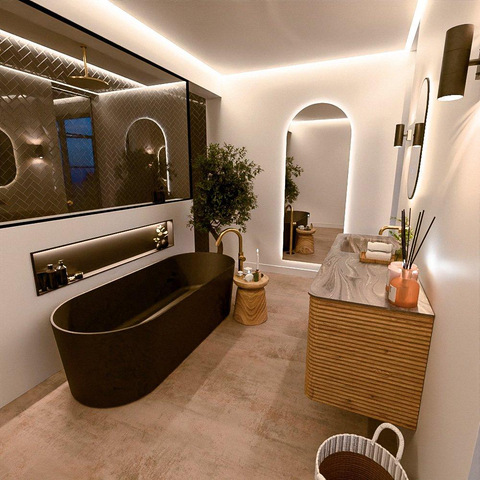 Mondiaz CIRO-DLUX Meuble de salle de bains - 140x45x50cm - vasque solid surface Sombra - 1 lavabo à gauche - sans trous de robinetterie - 4 tiroirs - Chêne SW1531259