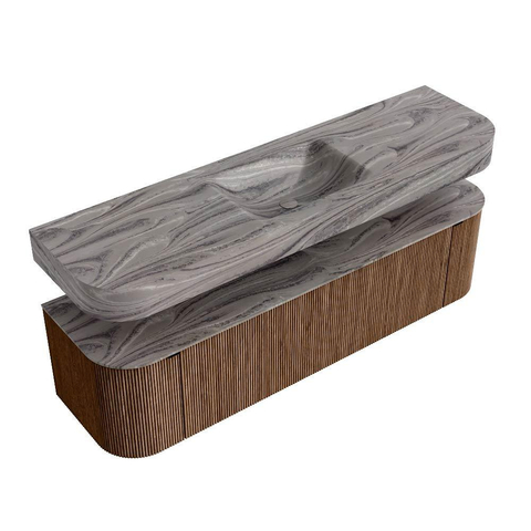 MONDIAZ THOR-DLUX 170cm meuble de salle de bains arrondi gauche + droite couleur Walnut avec 1 tiroir et 2 portes. Vasque suspendue CLOUD Milieu 1 trou de robinet couleur Sombra. SW1465850