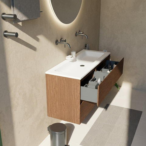 Saniclass Holz Pure Badkamermeubelset - 120x45x77.5cm - Torino solid surface wastafel wit - zonder kraangat - 4 lades - mat walnut pure (hout) SW1478678
