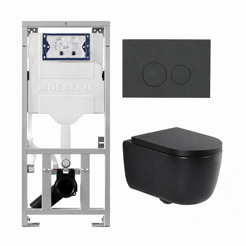 QeramiQ Dely Swirl Ensemble WC - 36.3x51.7cm - réservoir encastré Geberit UP320 - avec châssis Burda - abattant slim - plaque de commande anthracite mat - boutons ronds - noir mat SW1164773