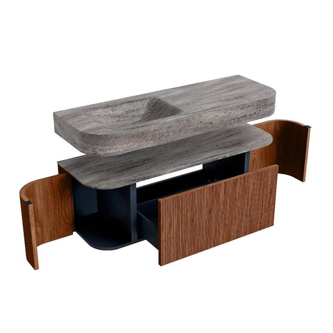 MONDIAZ THOR-DLUX 130cm badmeubel ronding links + rechts kleur Ruby met 1 lade en 2 deuren. Vrijhangende wastafel CLOUD Links zonder kraangat kleur Oza. SW1464021