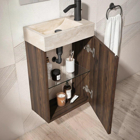 Saniclass Chaci Toiletmeubelset - 40x65cm - 1 deur - 1 kraangat - rechts - fontein travertine - noten SW1482349