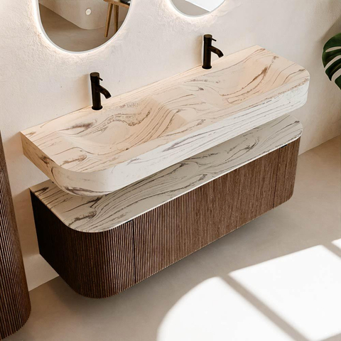 MONDIAZ THOR-DLUX Meuble de salle de bains 140cm arrondi gauche + droite couleur Walnut avec 1 tiroir et 2 portes. Vasque suspendue CLOUD Double 2 trous de robinet couleur Nata. SW1464468