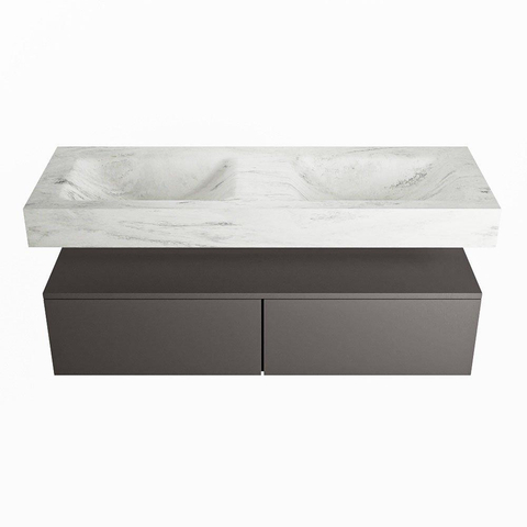 Mondiaz ALAN-DLUX Ensemble de meuble - 130cm - meuble Dark grey mat - 2 tiroirs - Lavabo Cloud Opalo suspendu - vasque Gauche et droite - 2 trous de robinet SW806522