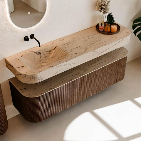 MONDIAZ THOR-DLUX 160cm meuble de salle de bains arrondi gauche + droite couleur Walnut avec 1 tiroir et 2 portes. Vasque suspendue CLOUD Gauche sans trou de robinet couleur Arena. SW1465145