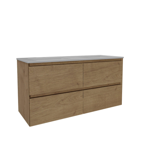 Saniclass Holz Pure Meuble de salle de bain - 120x45x60cm - lavabo en céramique blanc - 2 vasques - 2 trous de robinet - 4 tiroirs - Chêne Natural SW1441853